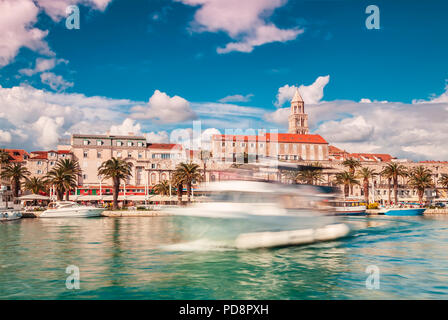 Boat leaving the harbor. Split, Croatia. Stock Photo