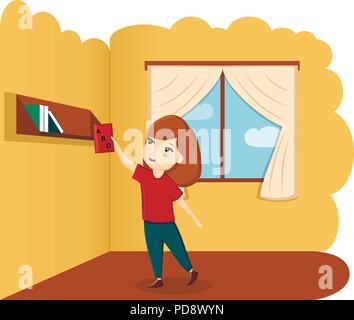 Girl with book in room, illustration, vector. A child with a book. First day of school, back to school Stock Vector