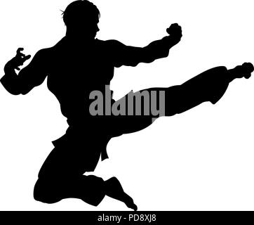 Karate or Kung Fu Flying Kick Silhouette Stock Vector