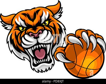 Tiger Holding Basketball Ball Mascot Stock Vector
