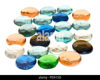 Glass pebbles of assorted colours isolated on white background. Stock Photo