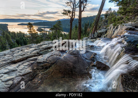 Colorful sunrise on Emerald Bay from the top of Eagle Falls off Lake Tahoe in California. Stock Photo