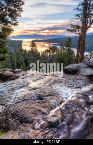 Colorful sunrise on Emerald Bay from the top of Eagle Falls off Lake Tahoe in California. Stock Photo