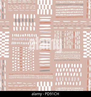 Hand drawn earthy clay tones tribal marks and stripes, mimicking folk stitching on dusty pink background. Vector seamless pattern. Fresh abstract geom Stock Vector