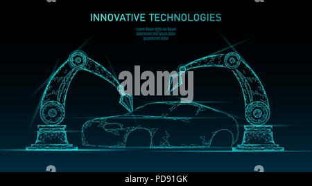 Low poly robotic arm assembly car automation technology. Industrial business factory robot machine welder. Auto body welding android hand polygon blue triangle geometric vector illustration Stock Vector