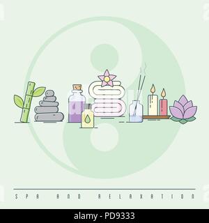 Spa and relaxation concept colorized line art vector illustration Stock Vector