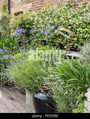 Rusty sculpture on garden ledge in amongst the agapanthus, lavender and jasmine Stock Photo