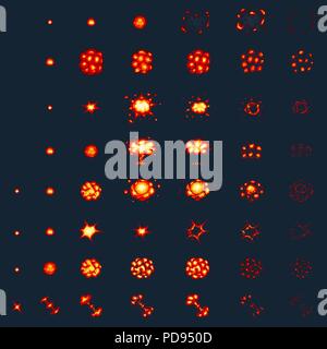 Pixel art explosions. game icons set. Comic boom flame effects for emotion. 8-Bit Vector. Bang burst explode flash nuclear bubble dynamite with smoke. Animation frame. Process steps, Video fire. Stock Vector