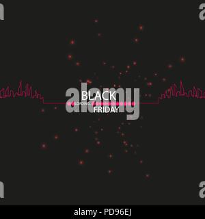 Black Friday. Great sale. Text and banner on the background of a large red flash with luminous dust. Cover for the project. Vector illustration. Progress loading bar Stock Vector