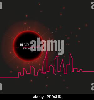 Black Friday sale inscription design template. Eclipse. Black Friday banner. Vector illustration. Black Background with an Abstract City Skyline with Loading Bar Stock Vector
