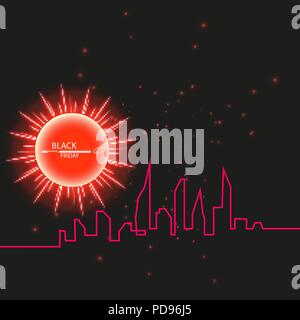 Black Friday sale and sun poster or banner. Glowing colorful circle with red light effect on black abstract background. Design template for shopping. Black Background with an Abstract City Skyline with Loading Bar Stock Vector