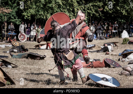 Battle reenactment at the worlds biggest Viking moot, Mosegaard Viking Moot, Aarhus, Denmark Stock Photo