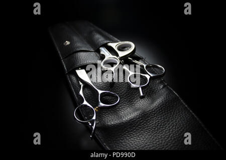 Scissors in a leather carrying case. Professional salon tools. Beauty salon Equipment. Stock Photo