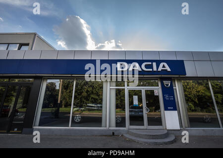 BELGRADE, SERBIA - JULY 29, 2018: Dacia logo on their main dealership store Belgrade. Dacia is a Romanian car and automotive manufacturer, part of Ren Stock Photo