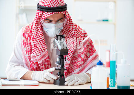 Arab doctor chemist studying new virus in lab Stock Photo