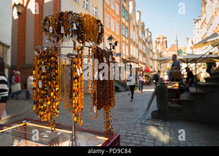Amber Gdansk Poland, close up view of amber necklaces for sale in Ulica Mariacka in the Old Town district of Gdansk, Pomerania, Poland Stock Photo