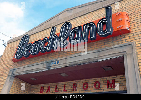 The Beachland Ballroom neon sign above the main entrance in the Waterloo Arts District in Cleveland, Ohio, USA. Stock Photo