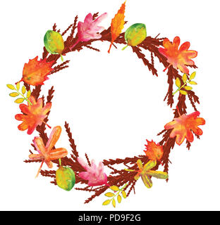 The watercolor illustration of branches, twigs and leaves wreath in warm colors of autumn, with place for quotes in the middle. Stock Photo