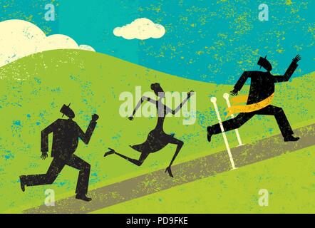 Winning the race. A man winning a race and crossing the finish line ahead of other people. Stock Vector