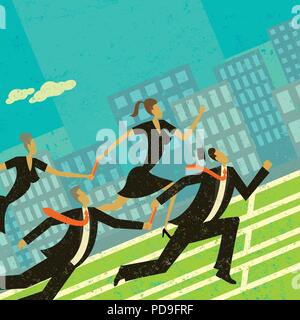 Passing the Baton. Older competing business people passing the baton, or control, to the younger business people who run faster. Stock Vector