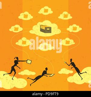 Cloud computing. Businesswomen connecting to cloud storage via their mobile devices. Stock Vector