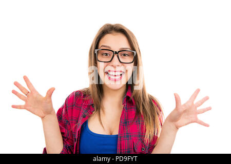Closeup portrait of a young woman looking surprised and super happy isolated on white background. Positive human emotion facial expression body langua Stock Photo