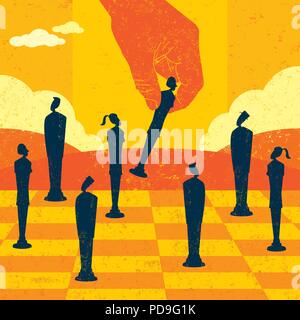 Strategic Management Decisions. A large hand moving business people to strategic locations on a chess board. Stock Vector