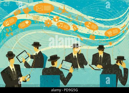 Social Media Marketing. Six businessmen engaged in marketing via social media. Stock Vector