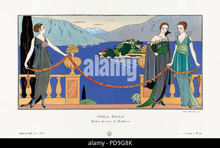 Isola Bella.  Beautiful Island.  (Lake Maggiore, Italy). Robes de soir de Redfern. Evening dresses by Redfern. Art-deco fashion illustration by French artist Georges Barbier, 1882-1932.  The work was created for the Gazette du Bon Ton, a Parisian fashion magazine published between 1912-1915 and 1919-1925. Stock Photo