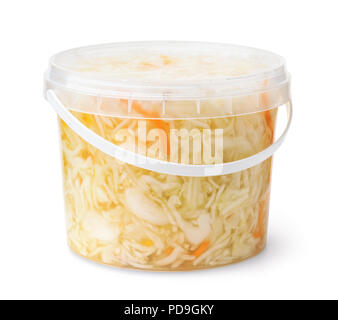 Plastic bucket full of sauerkraut isolated on white Stock Photo