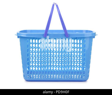 Side view of blue plastic shopping basket isolated on white Stock Photo