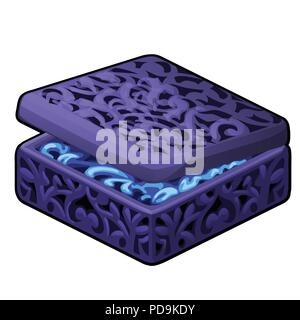 Openwork slightly opened casket purple color filled of jewelry close-up isolated on white background. Vector illustration. Stock Vector