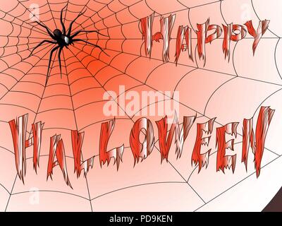 Postcard with spider web and terrible spider with the wishes of the happy Halloween on the background with gradient, vector as a holiday design Stock Vector