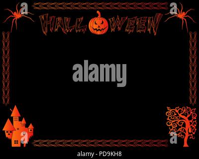 Postcard for Halloween with bright orange decoration and decorative frame on the black background, vector hand drawing Stock Vector