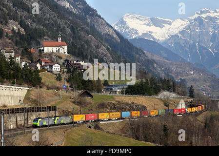 BLS Freight train at Wassen Switzerland on 20.3.15 Stock Photo