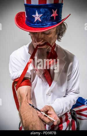 Uncle Sam with rolled up sleeve shooting up with a syringe as if with heroine. Concept of addicted to oil. Stock Photo