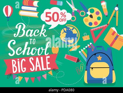 Banner Back To School big sale with different educational tools Flat Icons. Discount Concept. Perfect for retail marketing promotion and education related. Vector Illustration. Stock Vector