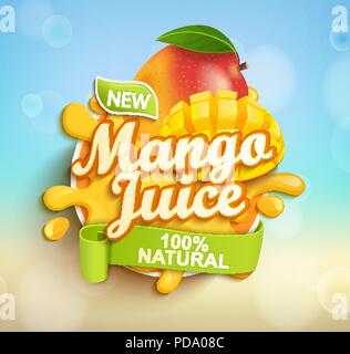 Fresh and natural Mango juice with mango slices in juice splash. Perfect for retail marketing promotion and advertising. Vector illustration. Stock Vector