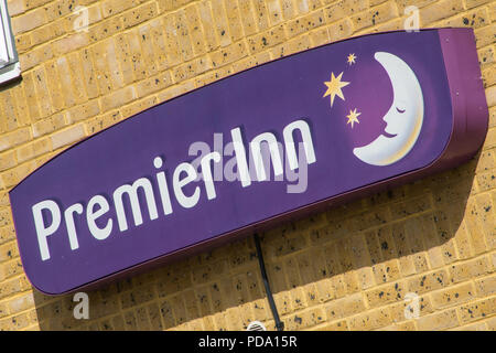 Premier Inn sign and logo on exterior of a hotel, UK Stock Photo
