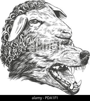 Wolf in sheep s clothing, Christian parable, hand drawn vector illustration realistic sketch Stock Vector
