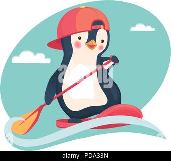Penguin floating on SUP board. Paddle board. Penguin vector illustration Stock Vector