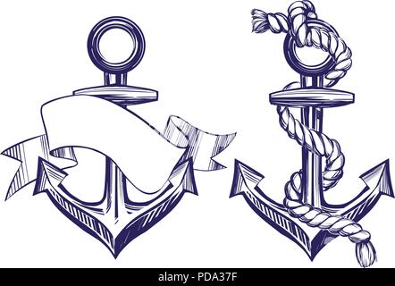 Anchor sign set symbol hand drawn vector illustration sketch isolated on white background Stock Vector