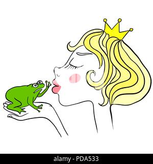 Young princess kisses unhappy green frog. Frog does not want to kiss the girl. Stock Vector