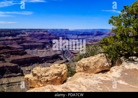 Dramatic view from the Grand Canyon's South Rim, looking 3,000 feet down to the Colorado River. Stock Photo