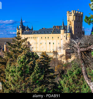 Elegant Alcazar Castle,panoramic view,Segovia,Spain. Stock Photo