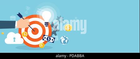 Vector of businessman hand succeeding in idea development and gaining goal putting arrow in middle of target on blue background Stock Vector