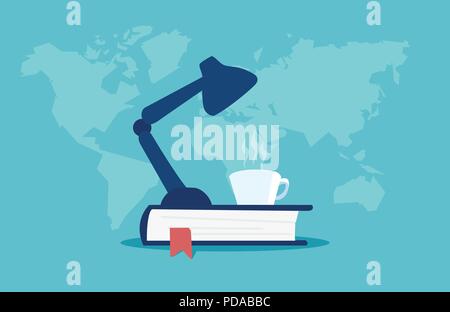 Colorful vector of lamp silhouette on book with cup of coffee against blue background with map of world Stock Vector