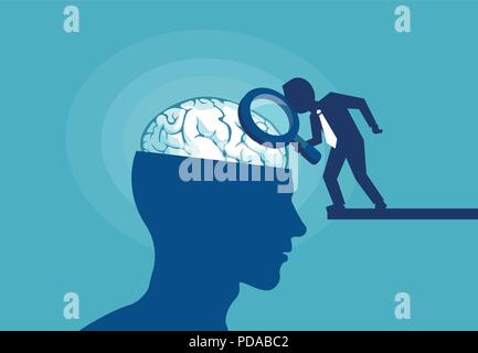 Blue vector of person with magnifier exploring brain of human studying mind and psychology on blue background Stock Vector