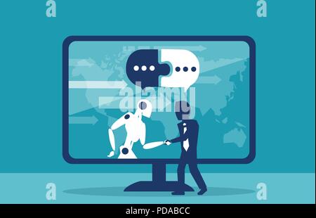 Human businessman cooperation with robot concept. Global business automatization and artificial intelligence assistance illustration. Stock Vector