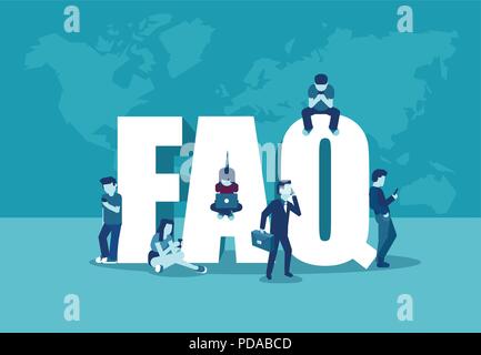 Frequently asked questions concept. Vector of young people a businessman standing near letters and using smart phone, laptop and digital tablet on wor Stock Vector